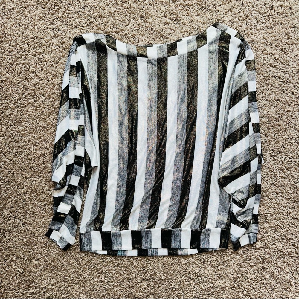 Bebe Shimmer Striped Blouse Relaxed Fit Off the Shoulder Long Sleeve